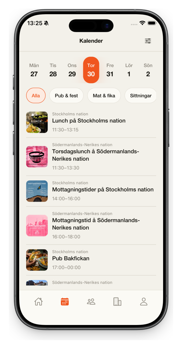 Nationslivet på mobilen med kalender och dagens event