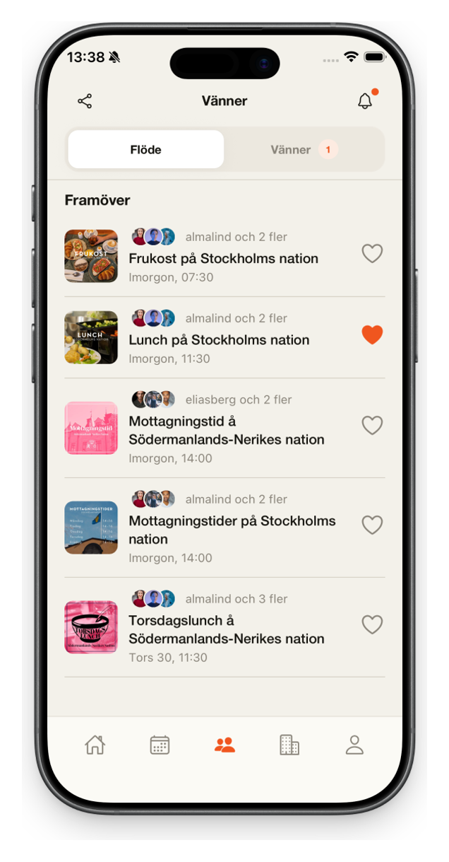 Nationslivet på mobilen med vännernas eventflöde